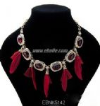 Feather ruby rhinestone bib necklace