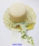 Fabric and Straw Weave Hat with Ribbon