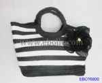 Black and white stripe straw handbags decorate with big flower 